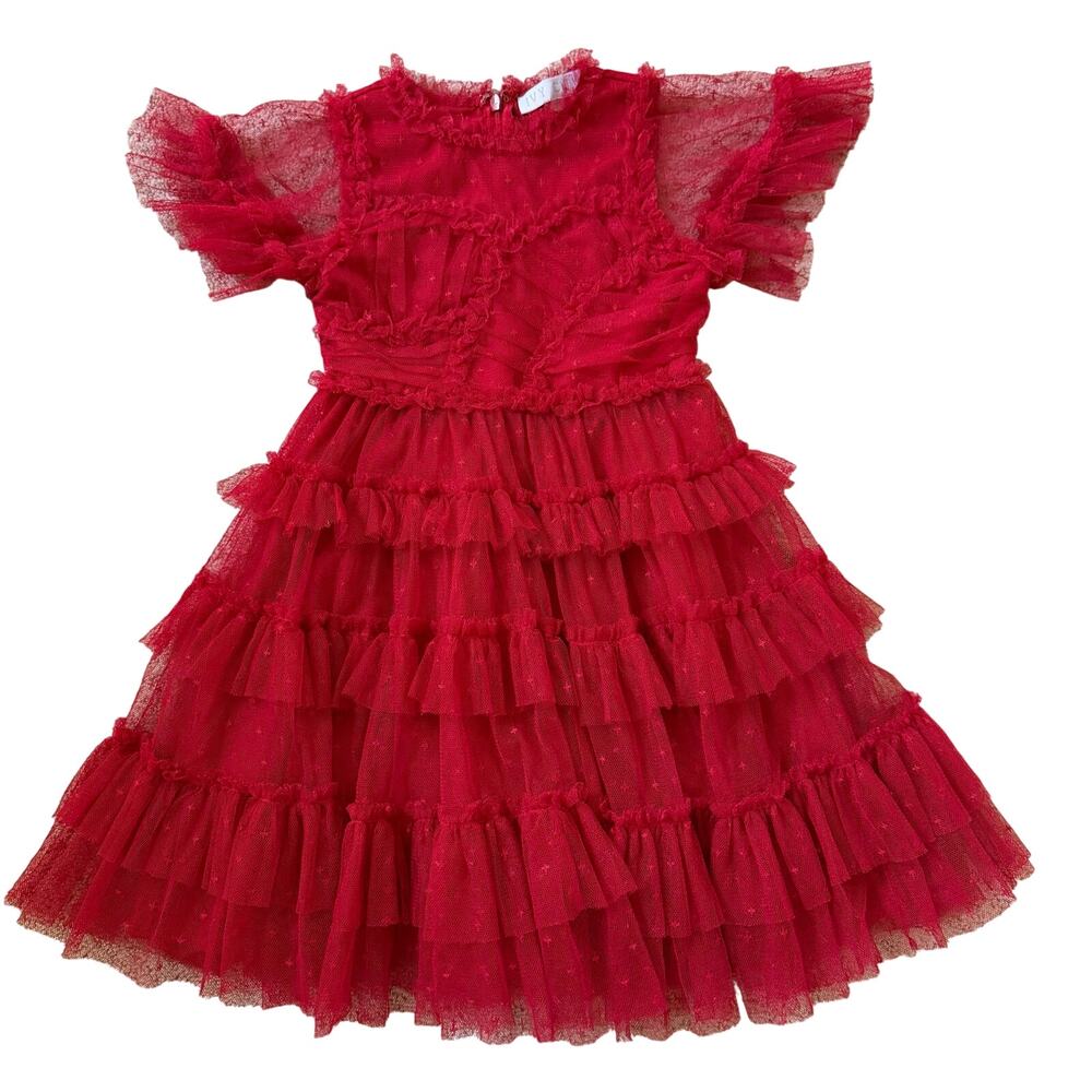 Ivy City Co Mini Whimsical Dress Red Girls Size 3T Tiered Tulle Ruffle Holiday